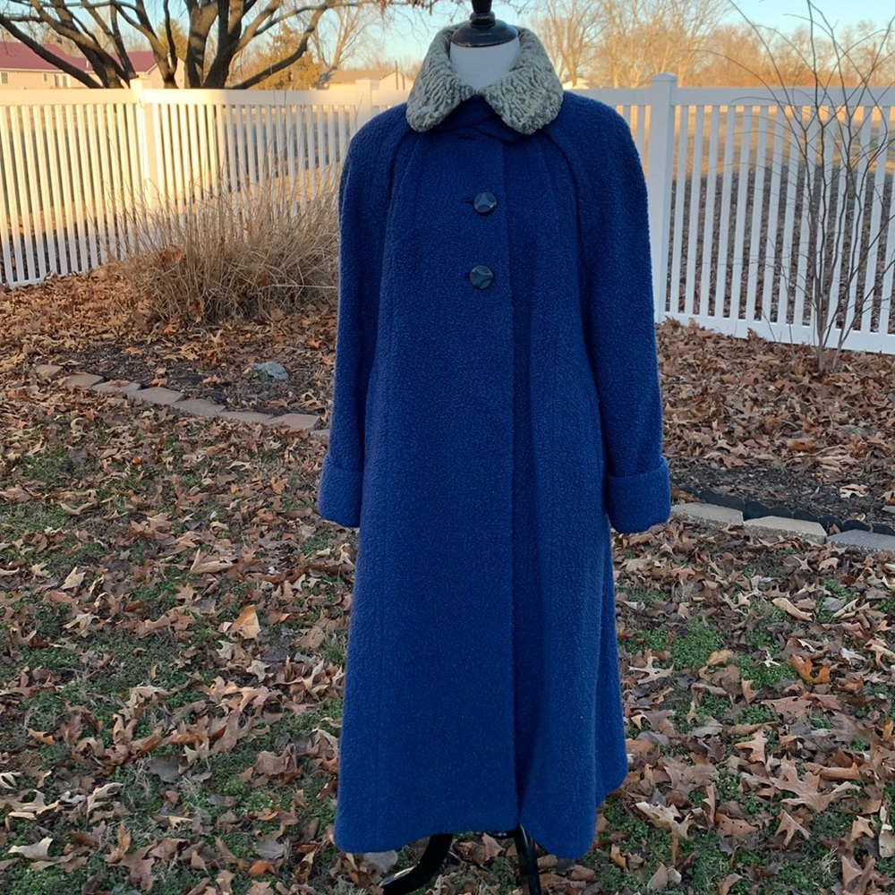 Vintage 50s 60s Blue Boucle Wool Persian Lamb Collar Maxi Coat M/L